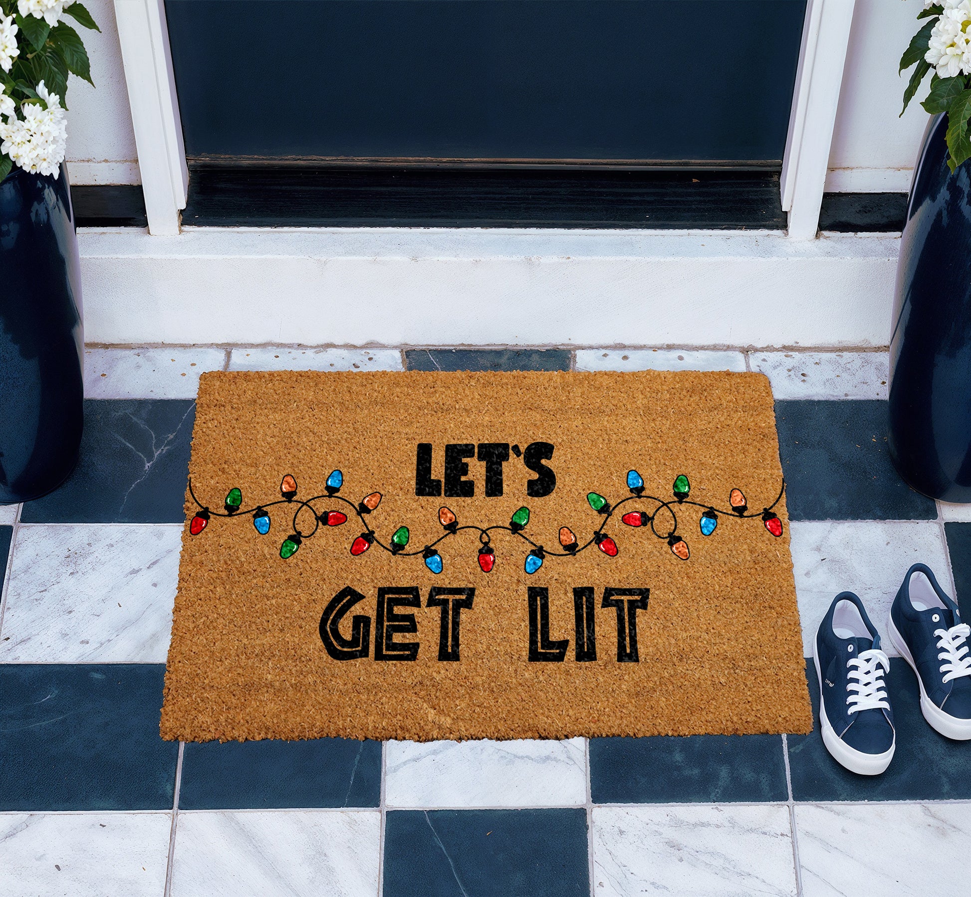 Get Lit Christmas Doormat, Funny Xmas Lights Welcome Mat!