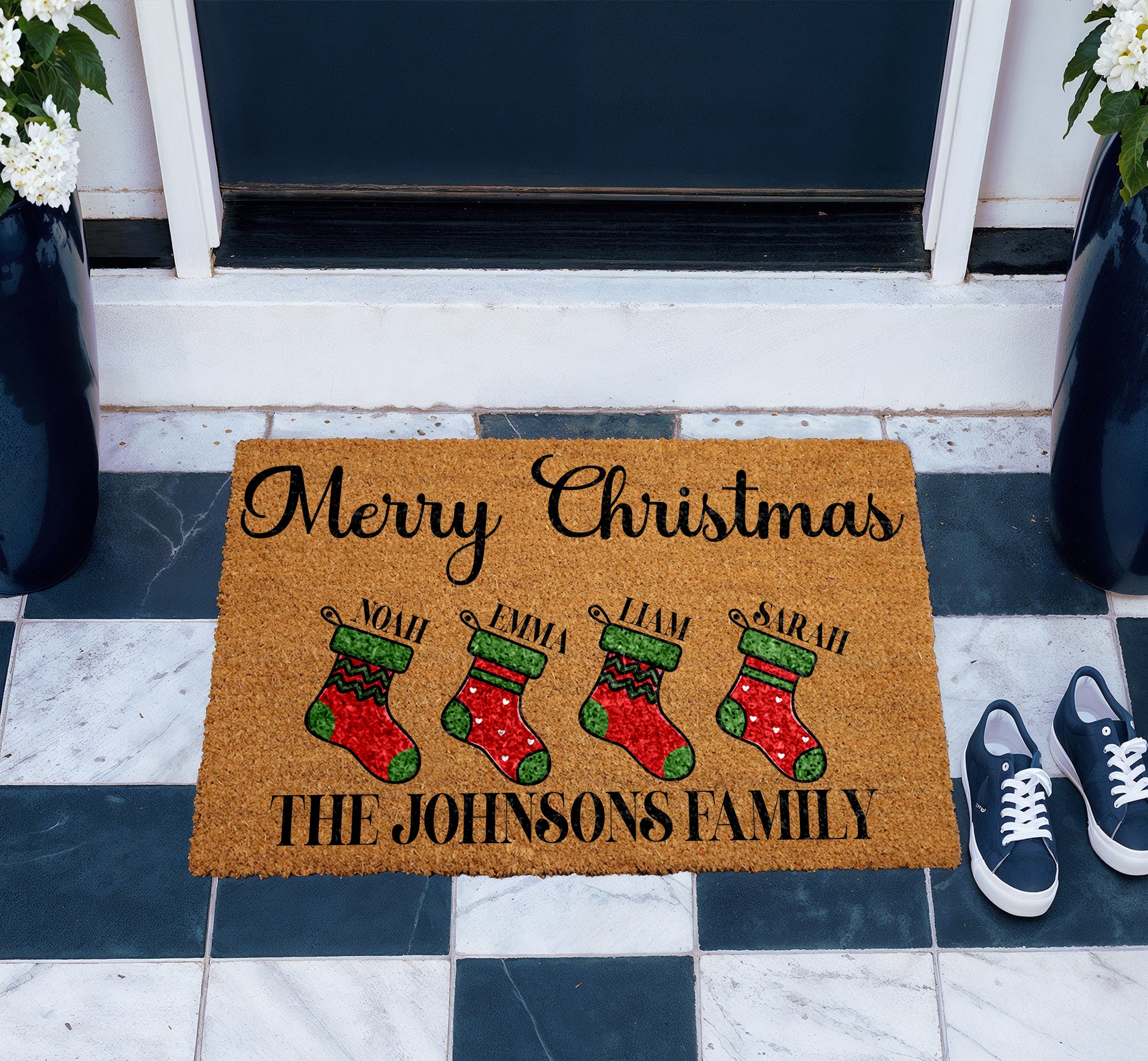 Custom Family Names Stocking Welcome Mat, Holiday Home Entrance Decor