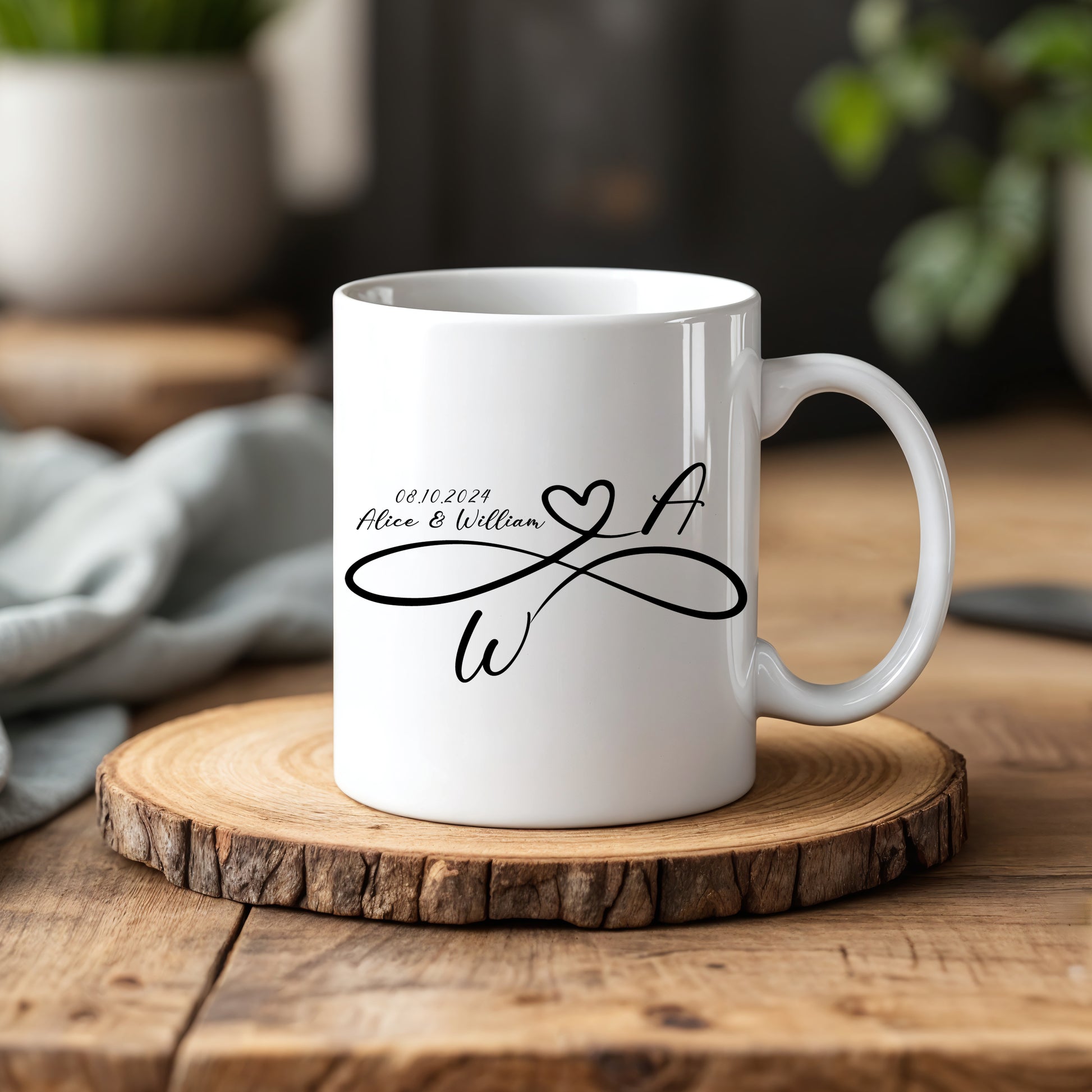 Infinity Heart Couple Mug, Personalized Anniversary Gift, Wedding Date Cup