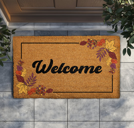 Fall Leaves Welcome Mat, Rustic Autumn Entryway Mat, Farmhouse Entry Rug
