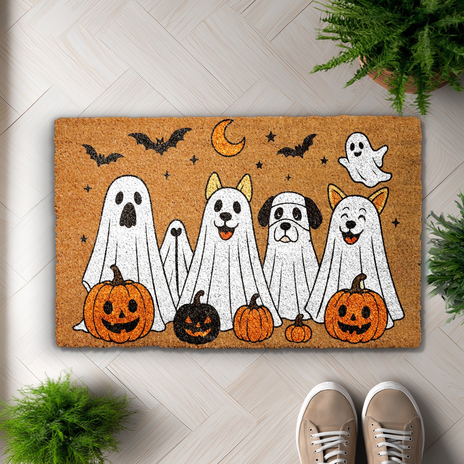 Ghost Dog Fall Decor, Cute Pumpkins Halloween Gift, Creepy Bat Porch Rug