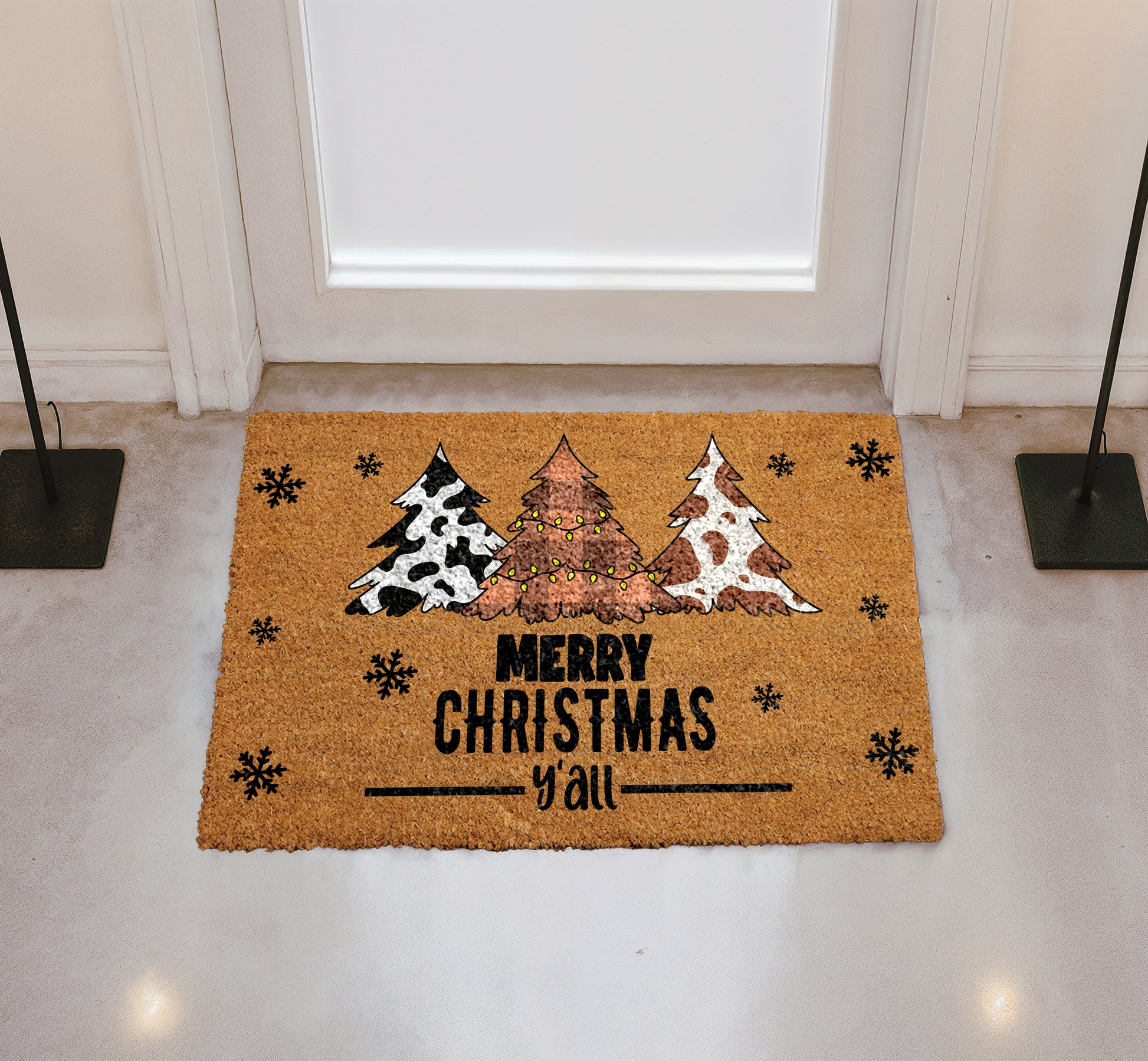 Cow Print Christmas Tree Welcome Mat, Rustic Holiday Porch Rug