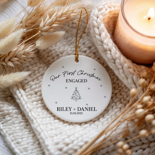 Personalize Your First Christmas Engaged Ceramic Ornament, Tree Design Keepsake