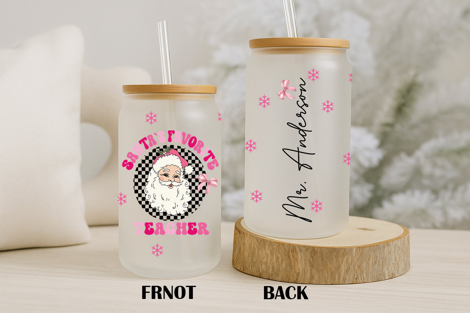 Checkered Santa's Favorite Teacher Tumbler, Christmas Appreciation Gift Bulk Option