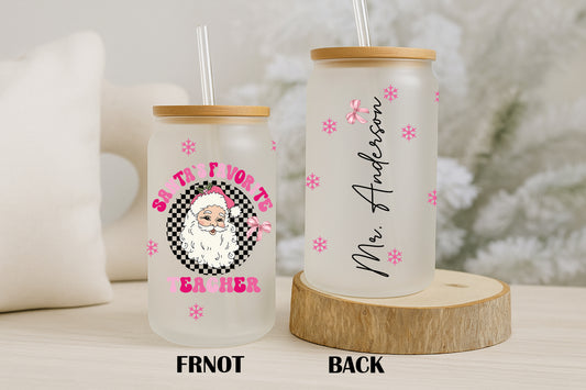 Checkered Santa's Favorite Teacher Tumbler, Christmas Appreciation Gift Bulk Option
