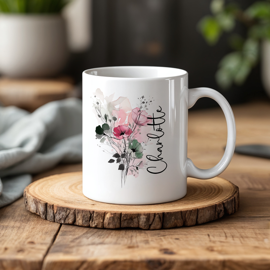 Custom Botanical Watercolor Floral Mug, Elegant Ceramic Tea Cup, Personalized Coffee Cup