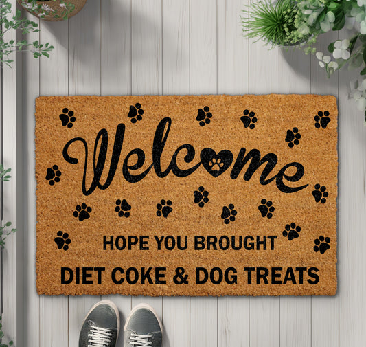 Welcome Home with Dog Treats, Paw Print Funny Doormat!