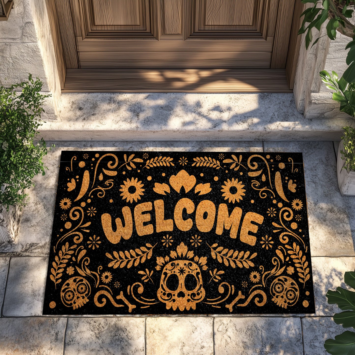 Spooky Season: Sugar Skull Welcome Mat, Mexican Folk Art Doormat