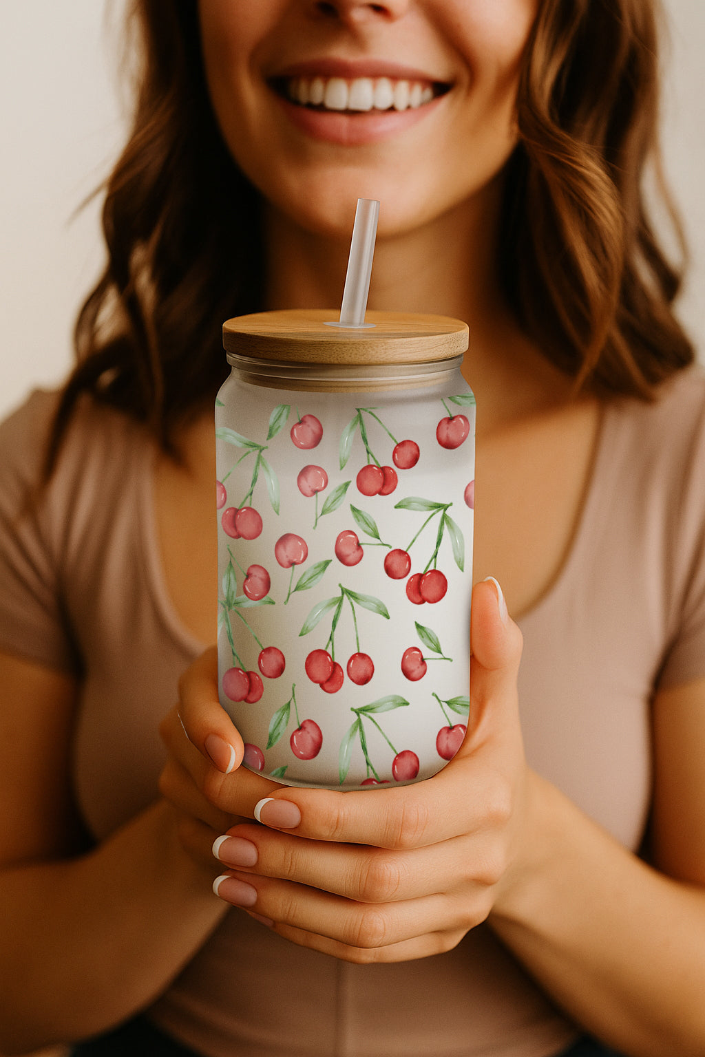 Trendy Cherry Tumbler, Bamboo Lid, Eco-Friendly, Summer Smoothie Cup