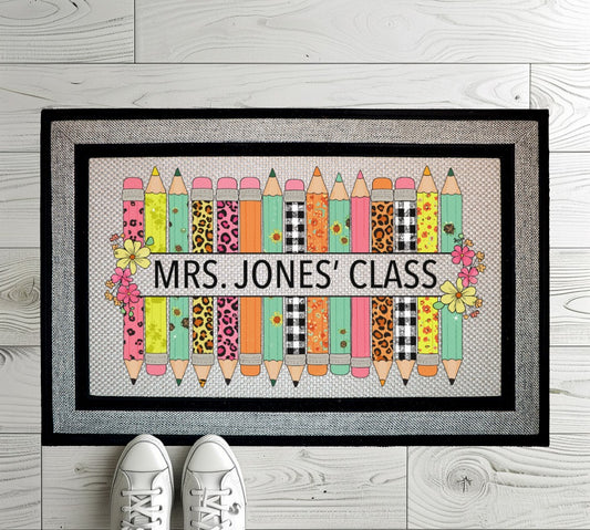 Personalized Teacher Doormat, Appreciation Gift for Classroom Decor, Pencil Design
