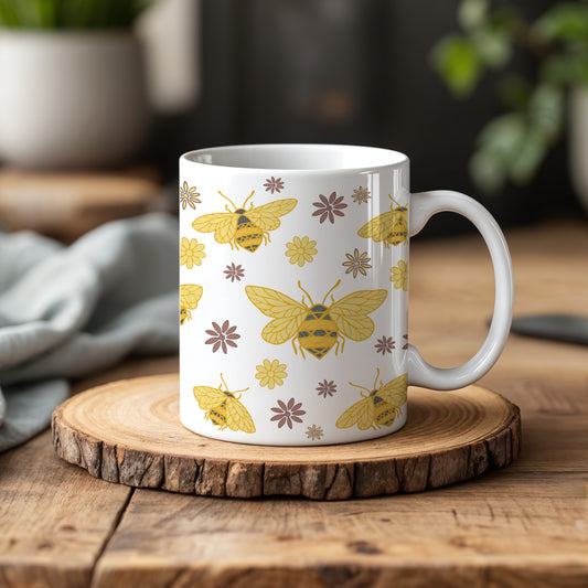 Honey Bee Mug, Floral Design Cup - Nature Lover Gift