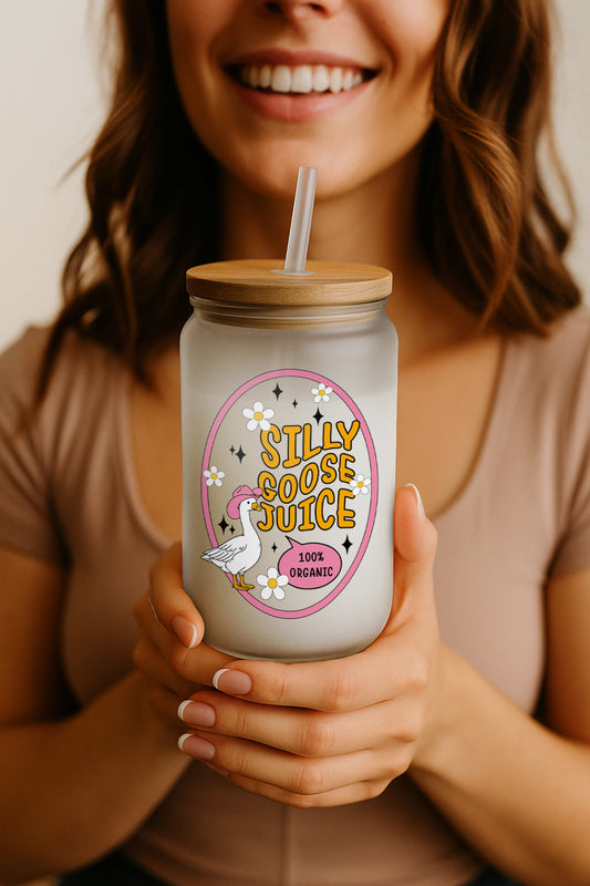 Silly Goose Juice Can Glass Tumbler, Daisy Flower Cup.