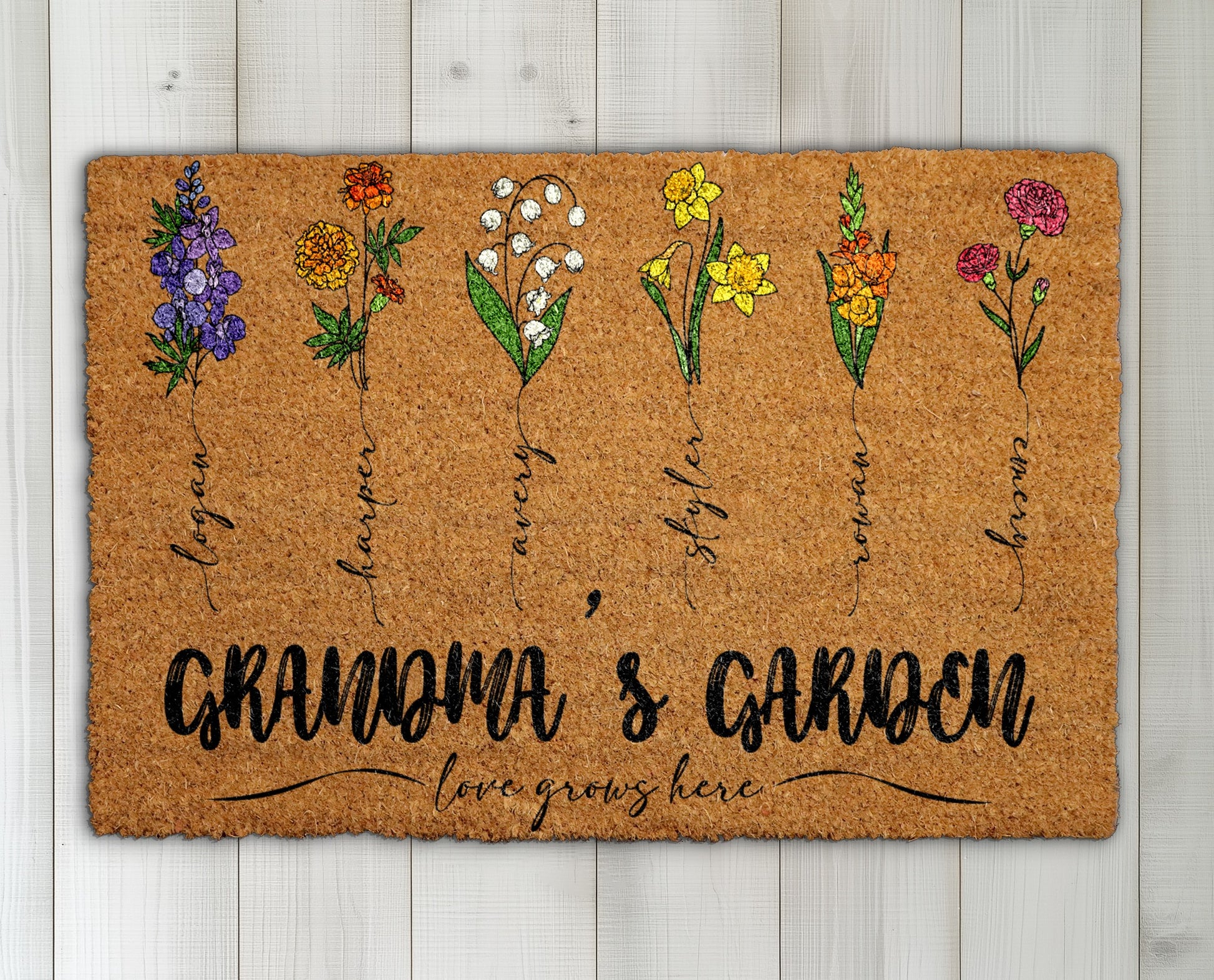 Personalized Grandkids' Name Doormat, Birth Month Flower Coir Rug!
