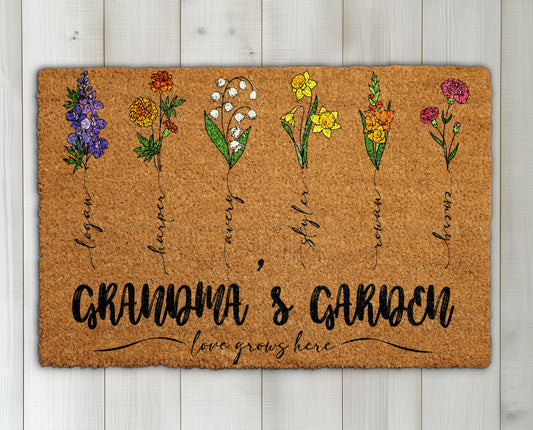 Personalized Grandkids' Name Doormat, Birth Month Flower Coir Rug!