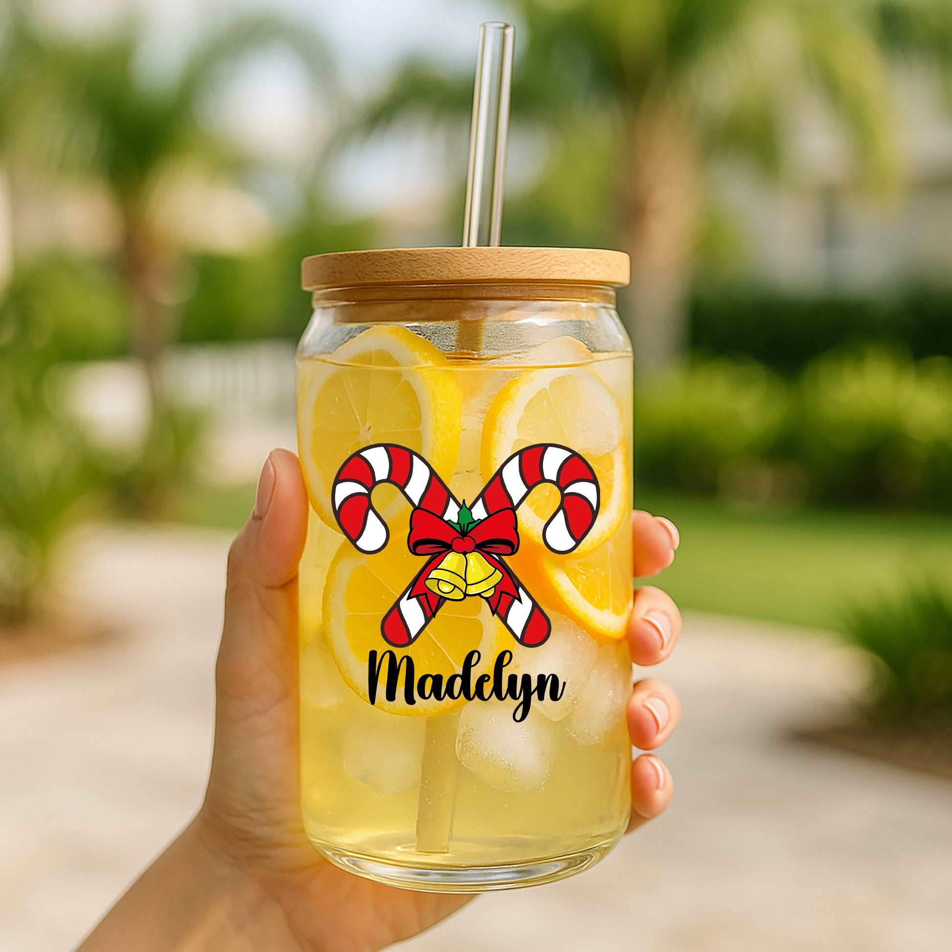 Personalized Candy Cane Glass Tumbler, Festive Matching Family Xmas Cups