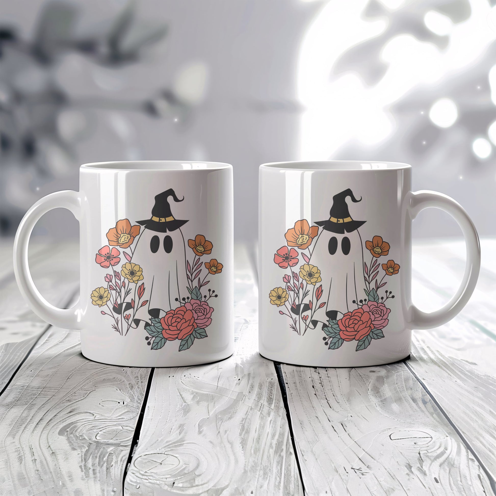 Floral Witch Hat Ceramic Mug, Halloween Tea Cup, Colorful Ghost