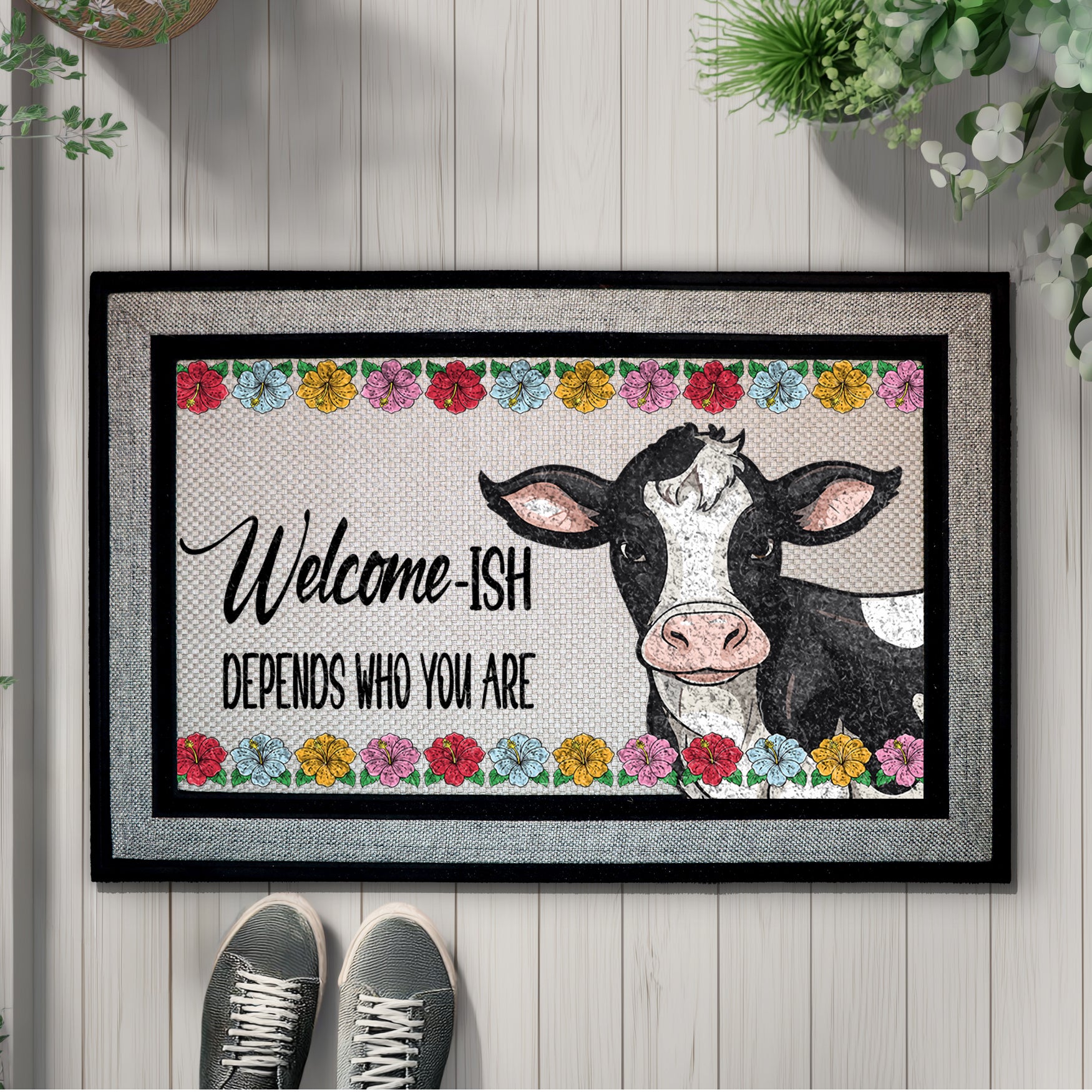 Floral Cow Funny Doormat, Sarcastic Farmhouse Entry Rug, New Home Gift