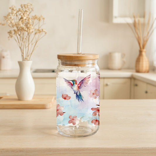 Humming Bird & Cherry Blossom Can Glass Tumbler, Eco-Friendly Aesthetic Cup