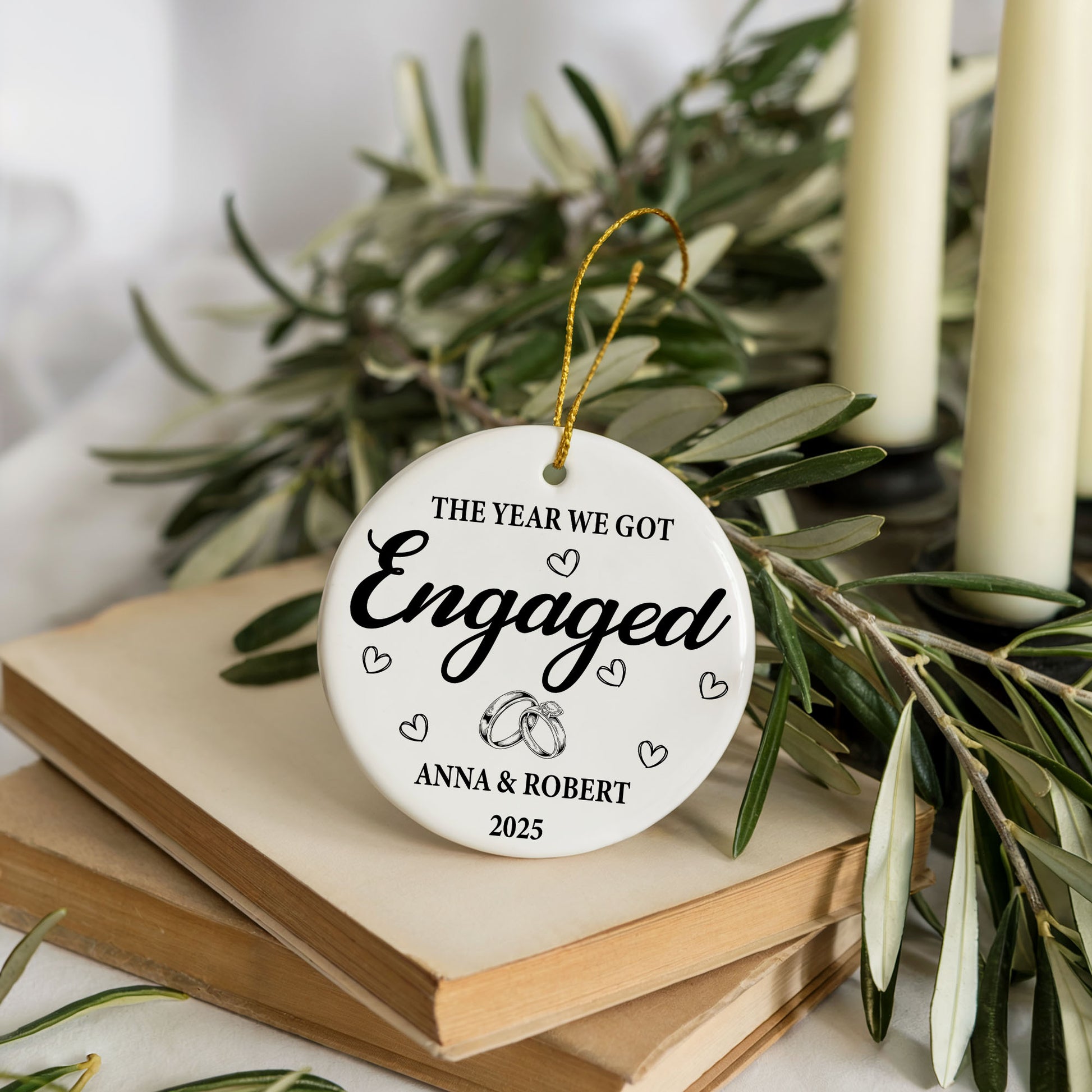 Celebrate Love: Personalized Engagement Year Ceramic Ornament, Elegant Keepsake Gift