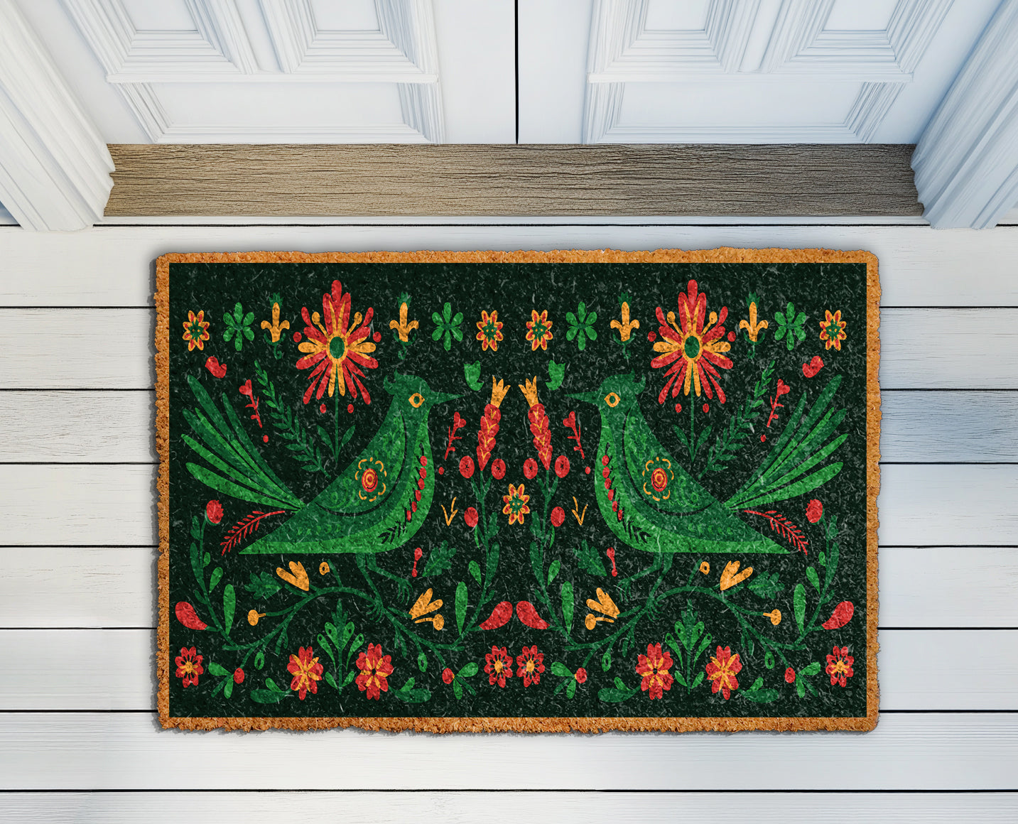 Nature-Inspired Birds and Flowers Coir Doormat, Perfect for Front Entry