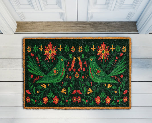 Nature-Inspired Birds and Flowers Coir Doormat, Perfect for Front Entry