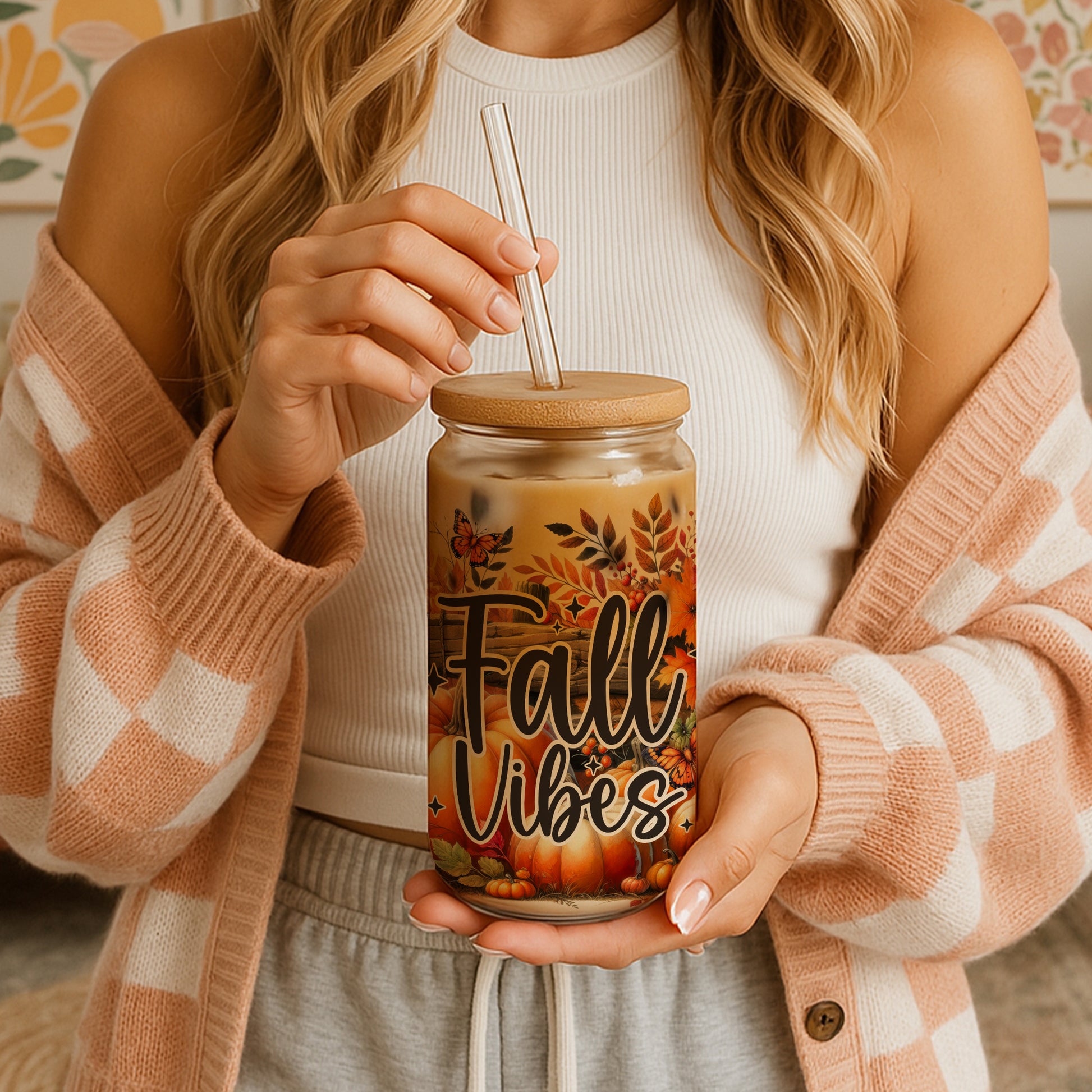Fall Vibes Glass Cup: Pumpkin Spice Latte, Butterflies Theme.