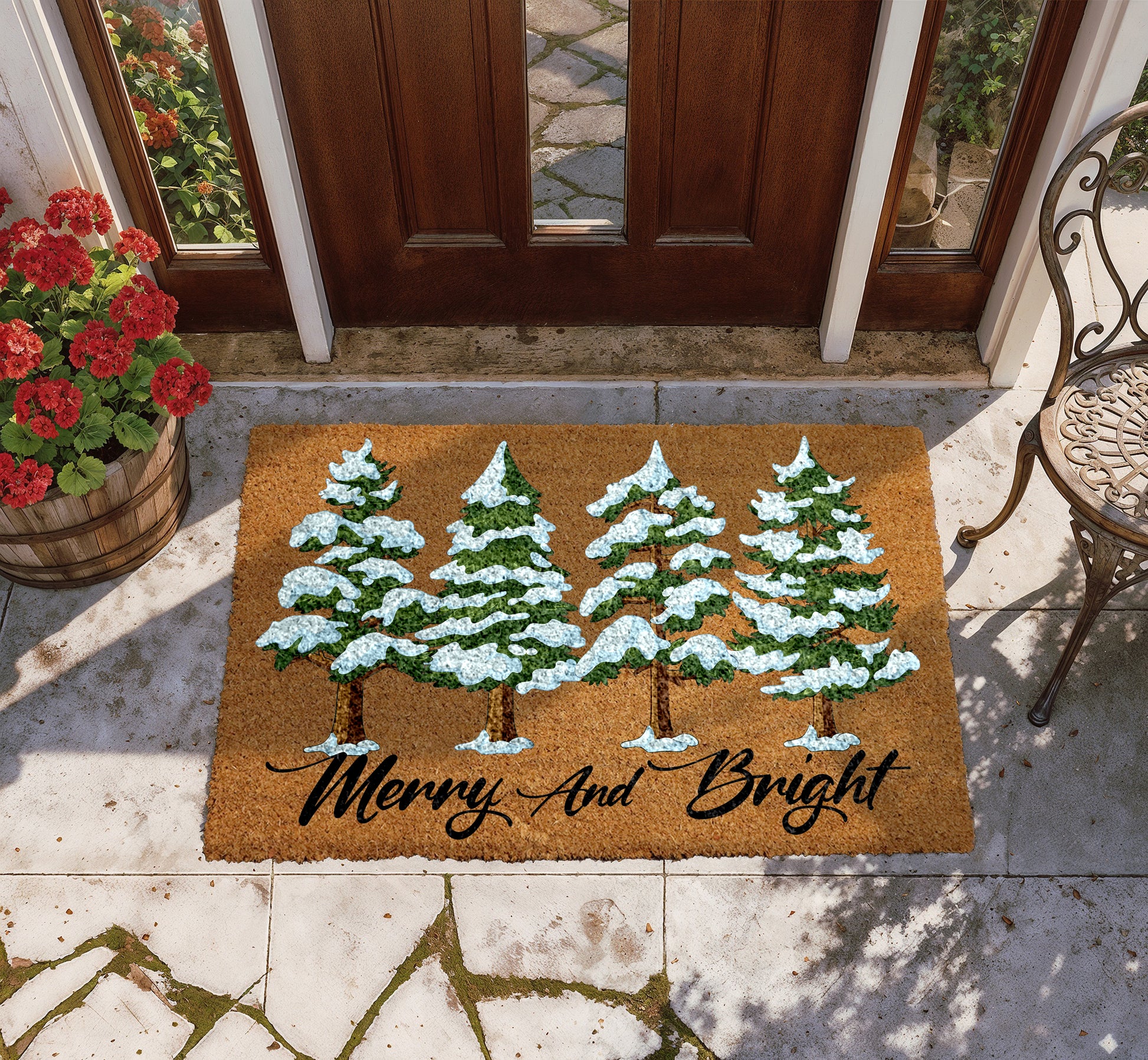 Snowy Pine Tree Welcome Mat, Festive Winter Front Porch Decor