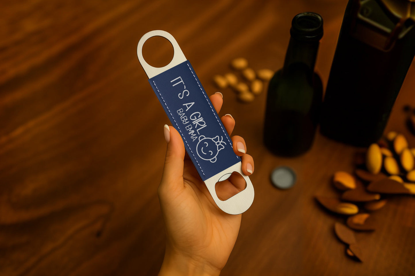 Engraved Long Bottle Opener, Custom Vegan Leather Beer Opener, Groomsmen Gift