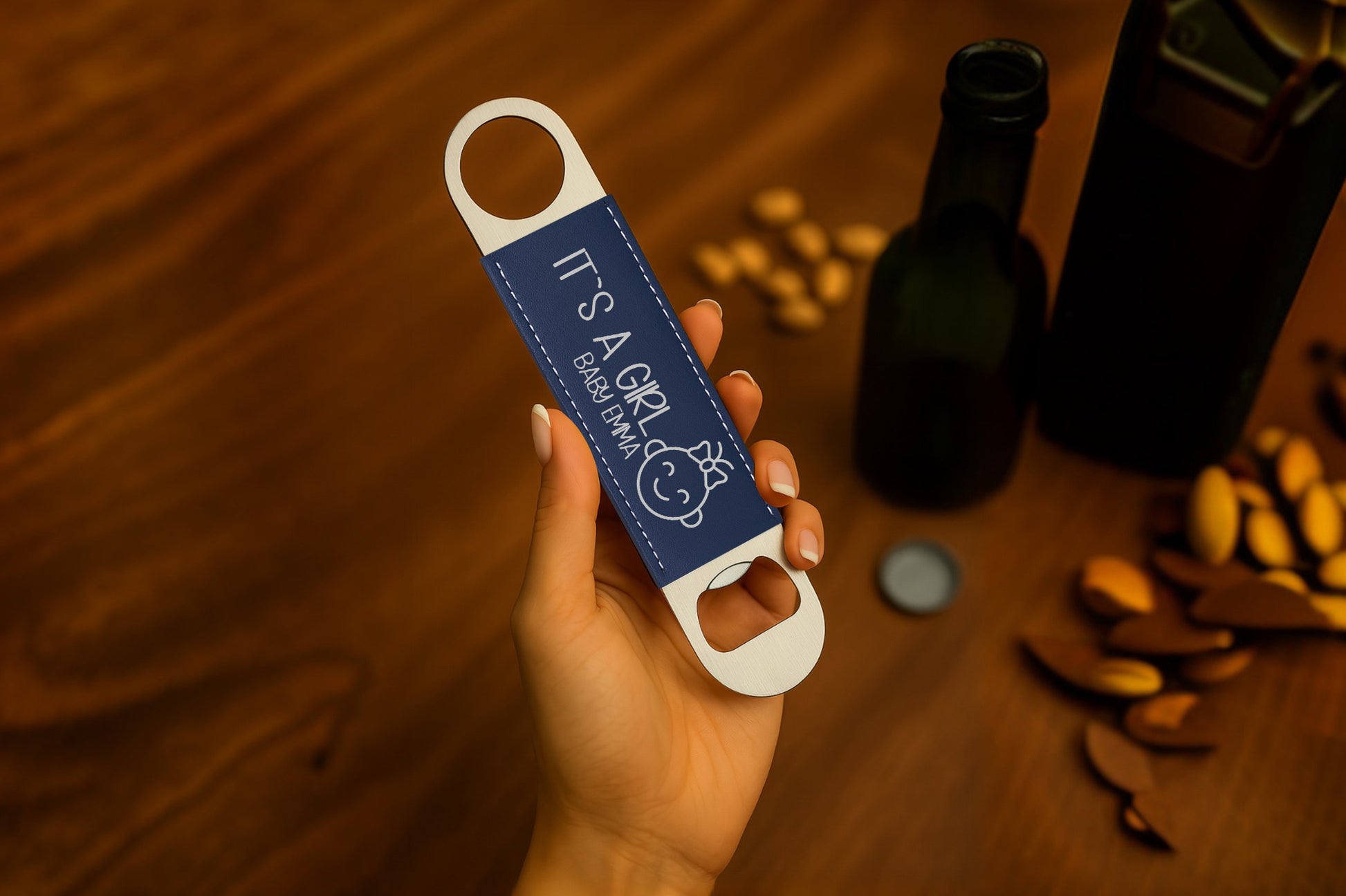 Engraved Long Bottle Opener, Custom Vegan Leather Beer Opener, Groomsmen Gift