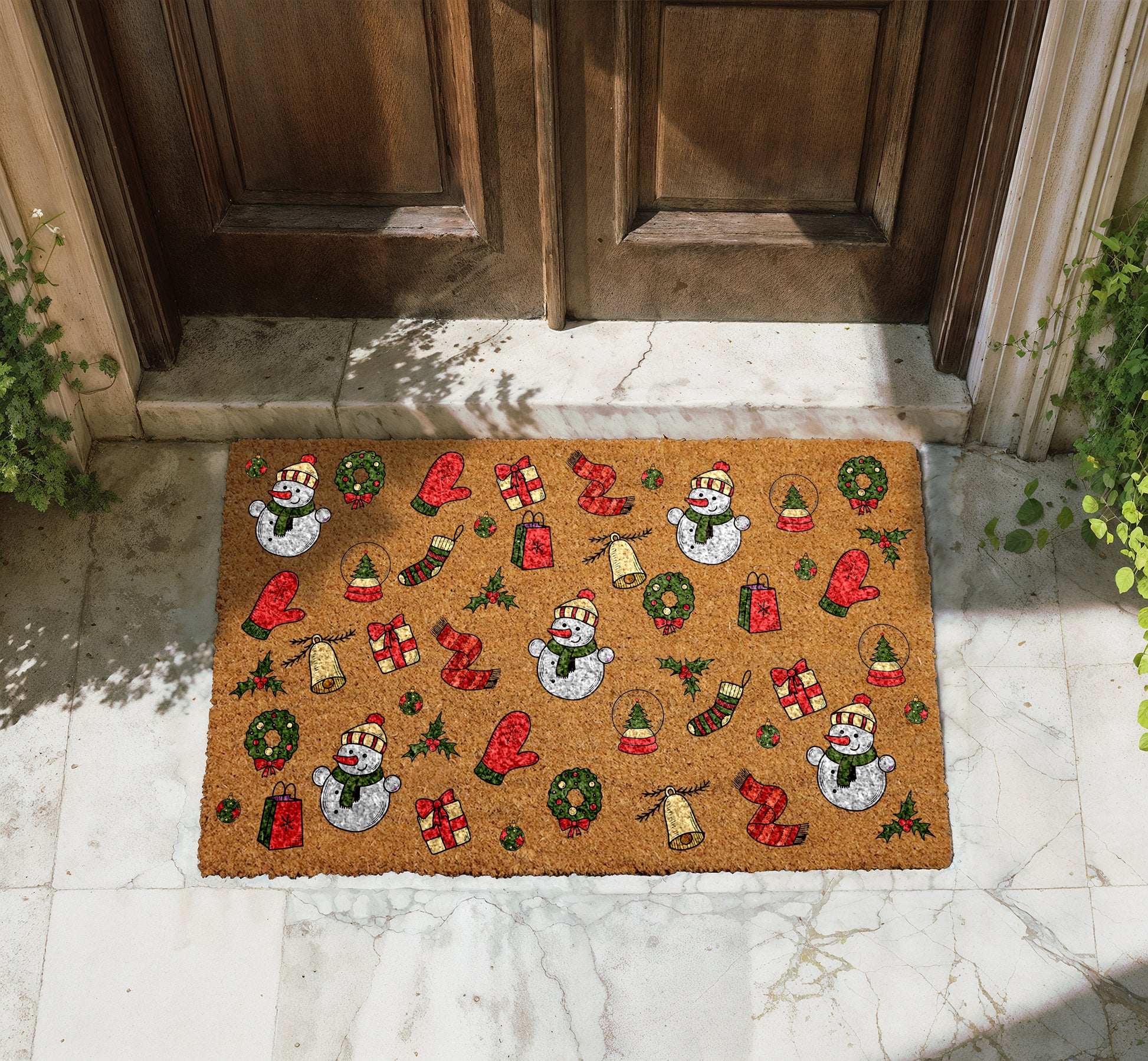 Winter Wonderland: Festive Snowman & Holiday Pattern Coir Doormat, Housewarming Gift