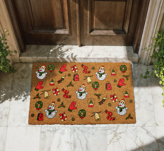 Winter Wonderland: Festive Snowman & Holiday Pattern Coir Doormat, Housewarming Gift