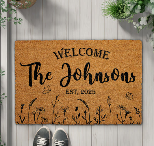 Personalized Floral Last Name Doormat, Family Welcome Mat, Housewarming Gift