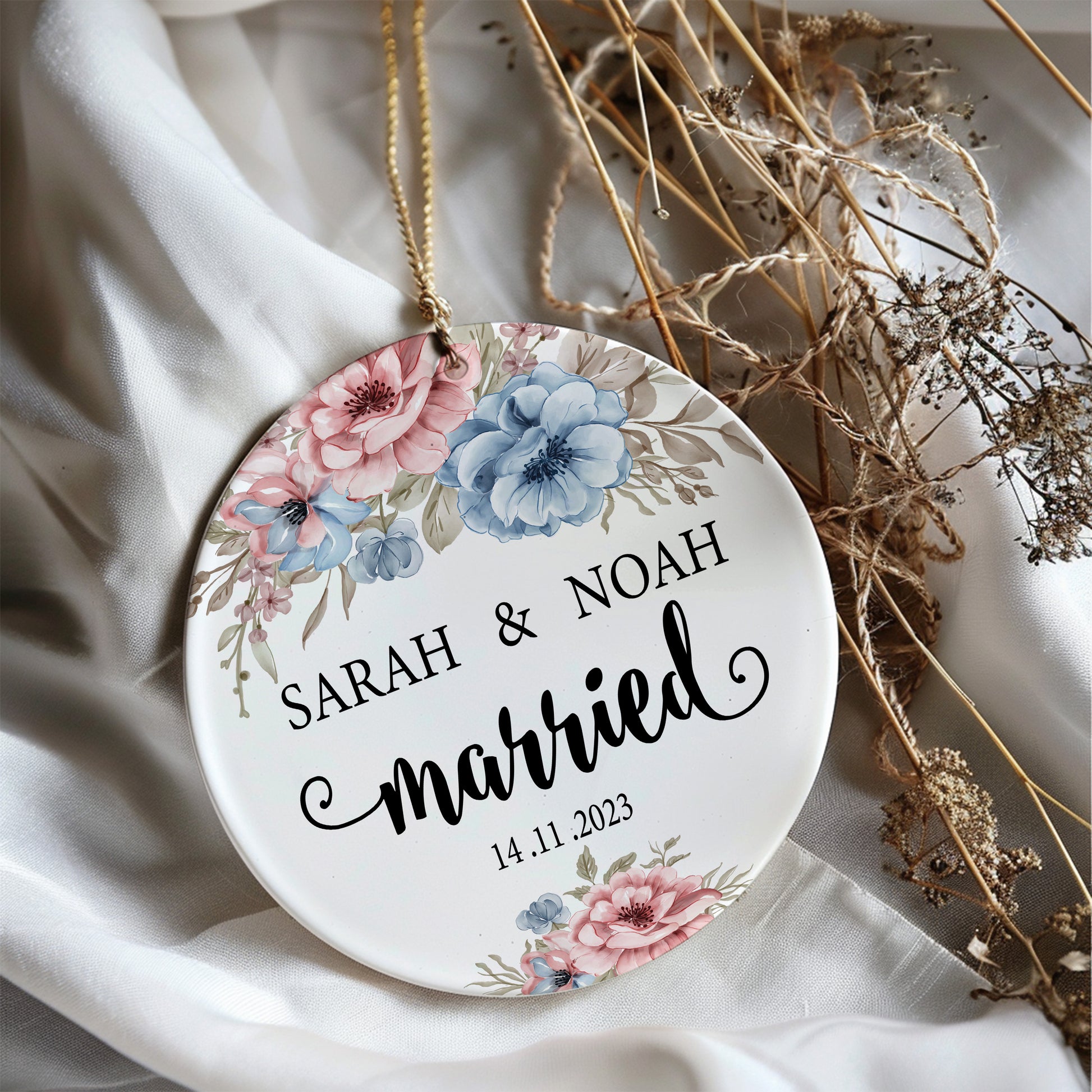 Custom Wedding Keepsake: Personalized Married Ornament, Elegant Floral Decor