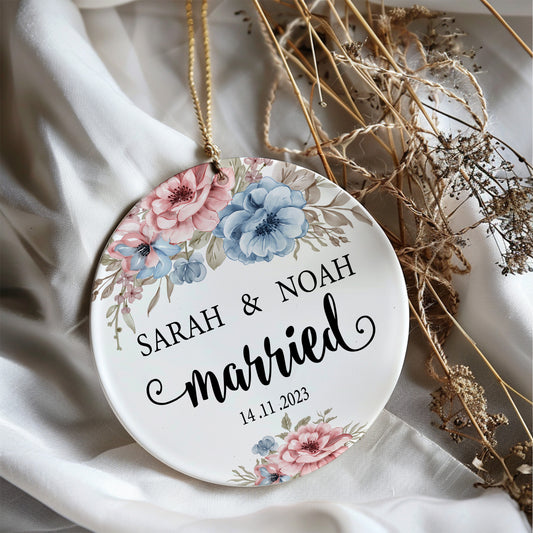 Custom Wedding Keepsake: Personalized Married Ornament, Elegant Floral Decor