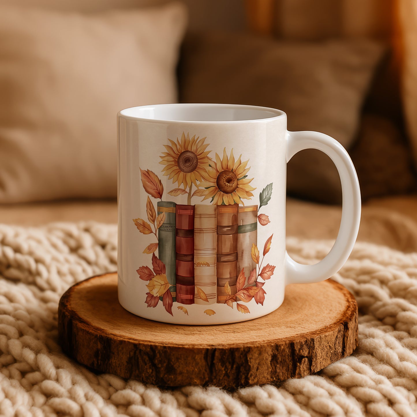 Sunflowers Mug, Cozy Bookworm Cup, Autumn Reader Drinkware.