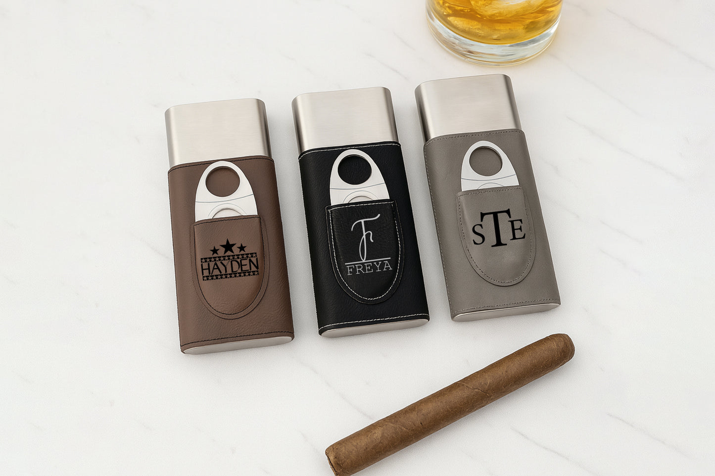 Personalized Vegan Leather Cigar Case with Cutter, Engraved Monogram Gift