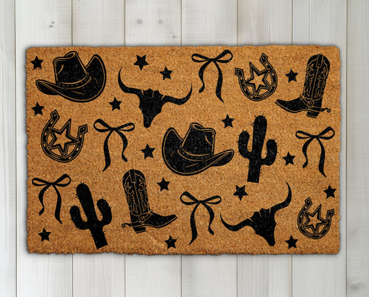 Western Cowboy Doormat: Horseshoe, Cactus, Boots & Hats Welcome Mat