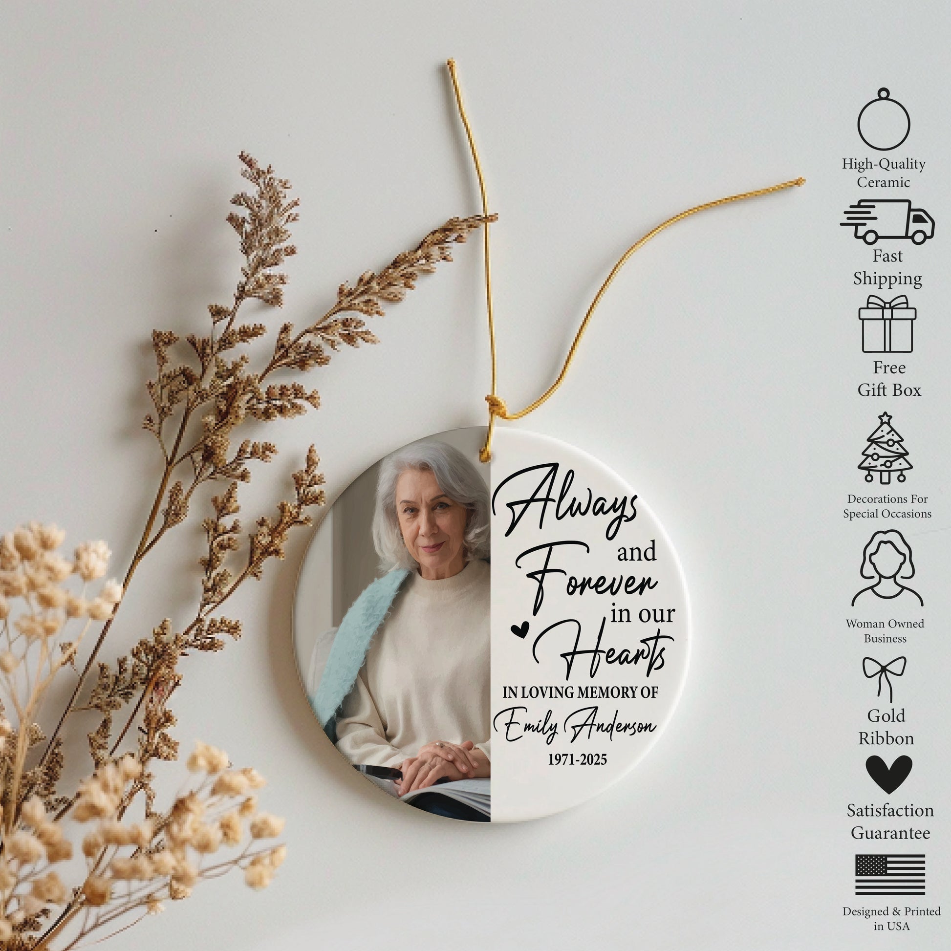 Custom Ceramic Ornament for Personalized Remembrance, Always in Our Hearts