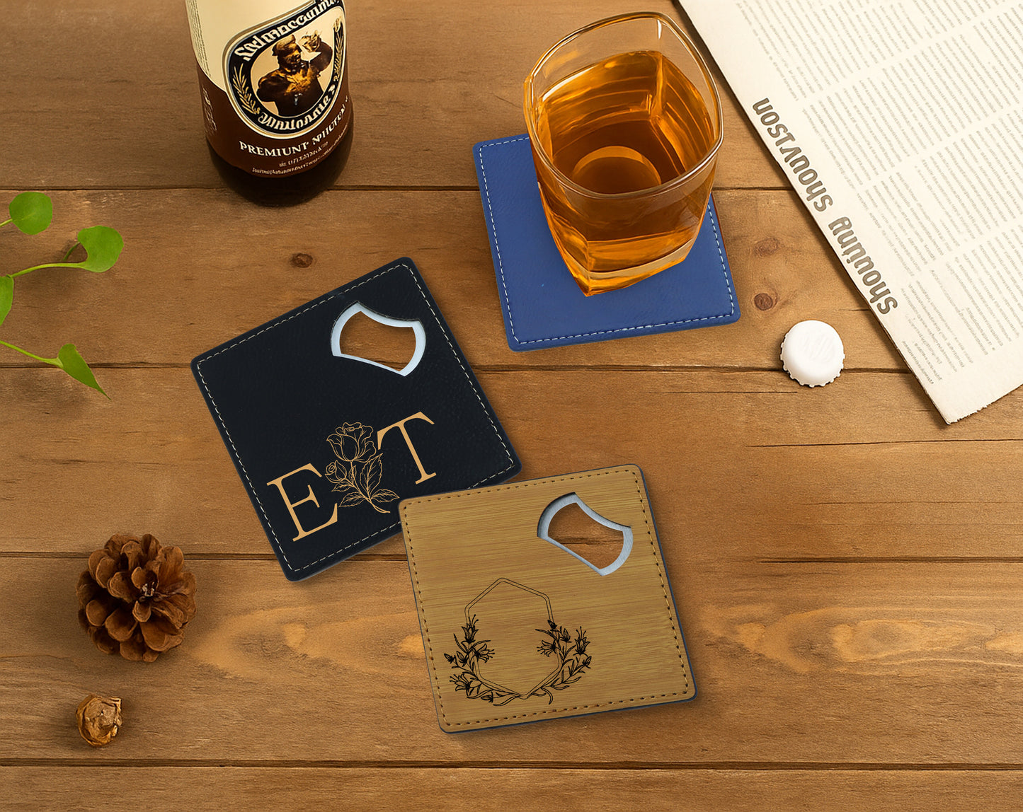 Personalized Leather Bottle Opener with Butterfly Engraving, Custom Bar Tool
