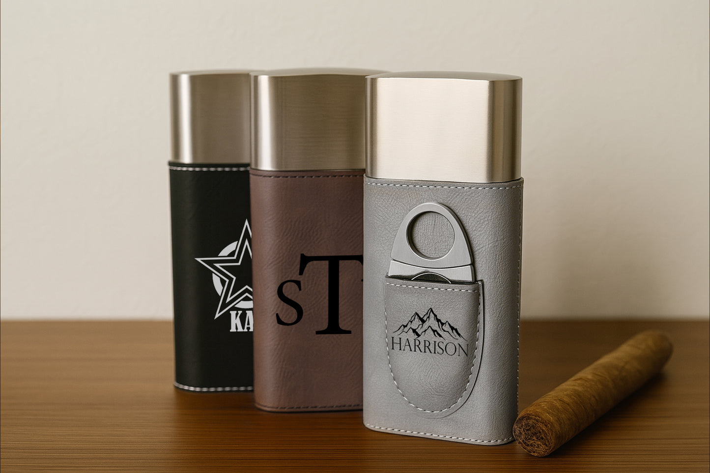 Personalized Vegan Leather Cigar Case with Cutter, Engraved Monogram Gift