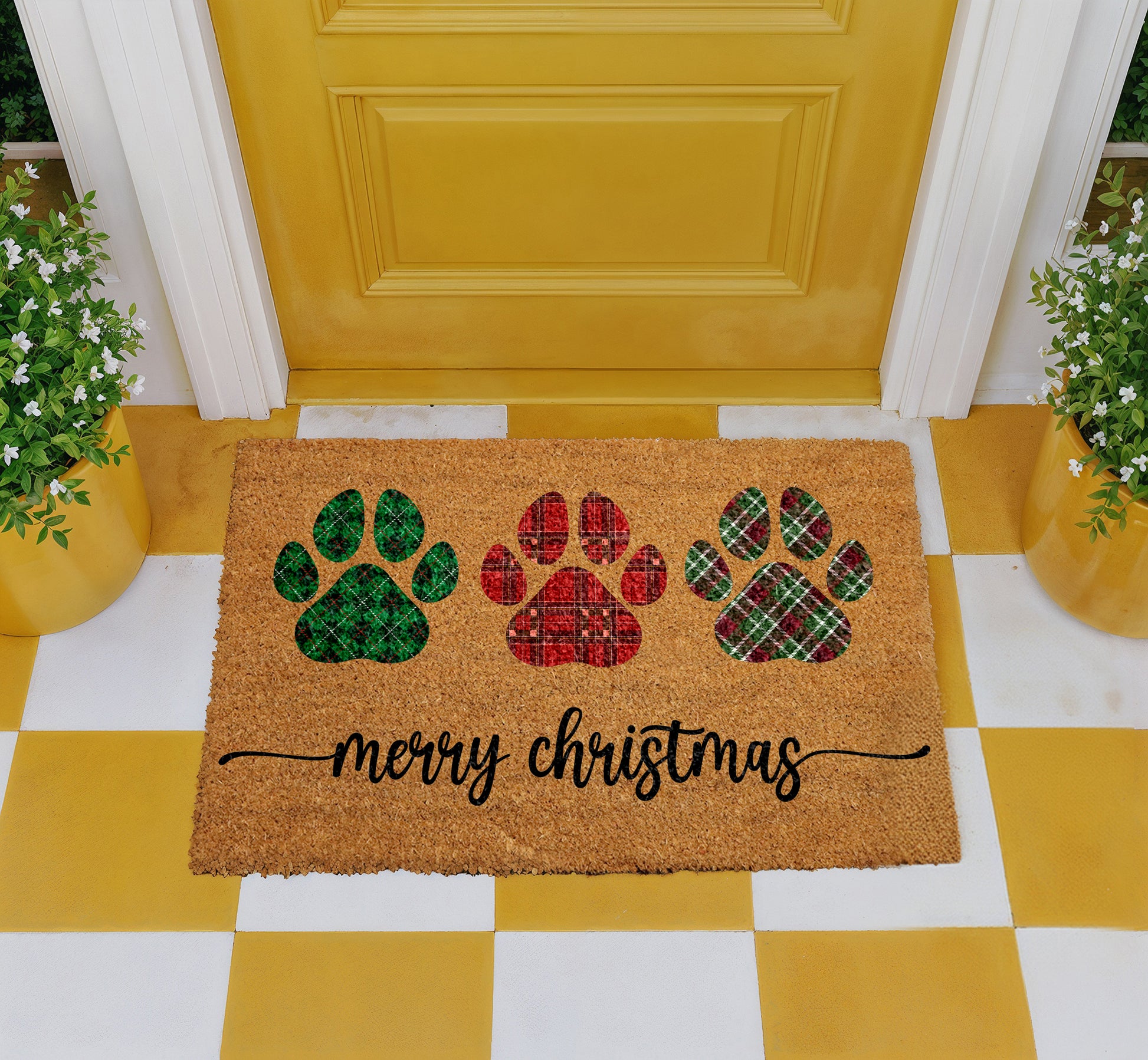 Paw Print Plaid Doormat, Dog Mom Winter Decor, Pet Welcome