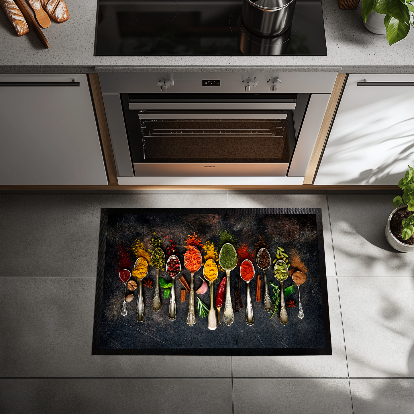 Colorful Spice Print Kitchen Mat, Herb Illustration Rug for Sink