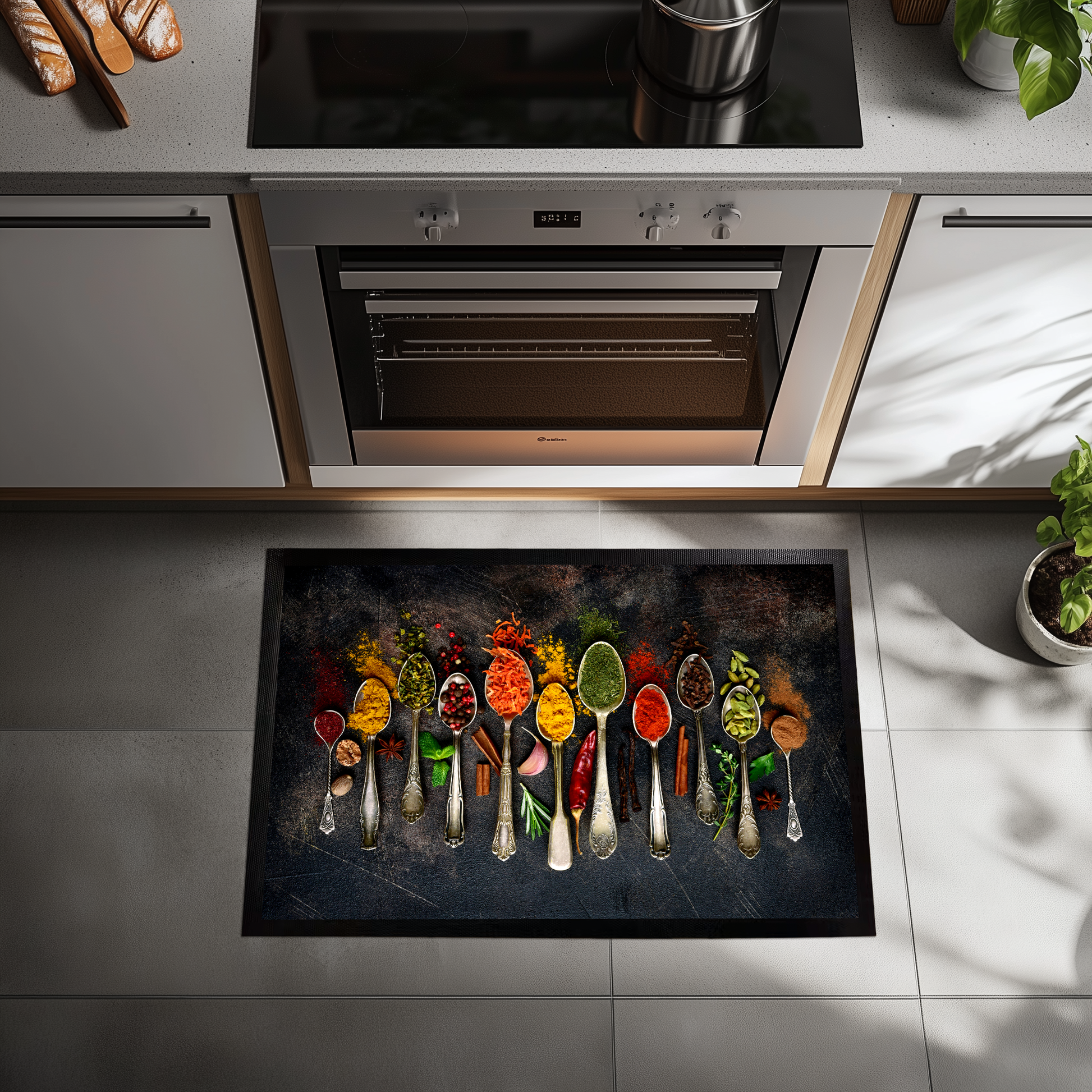 Colorful Spice Print Kitchen Mat, Herb Illustration Rug for Sink