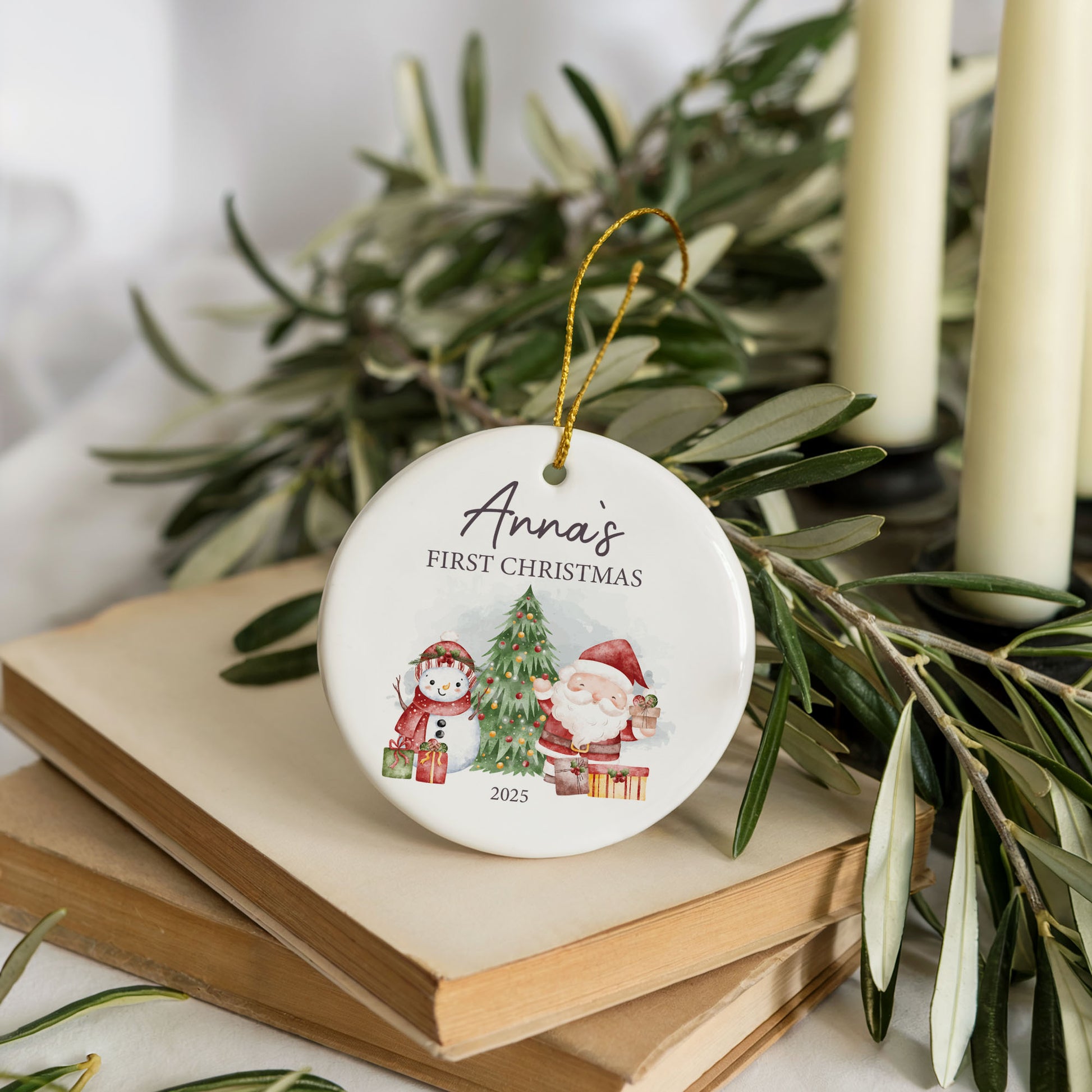 Personalized Ceramic Baby's First Christmas Ornament, Santa Snowman Design 2025