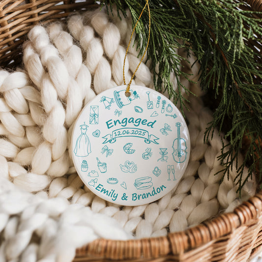 Custom Engaged Ceramic Ornament, Vibrant Doodle Design, Elegant Engagement Keepsake