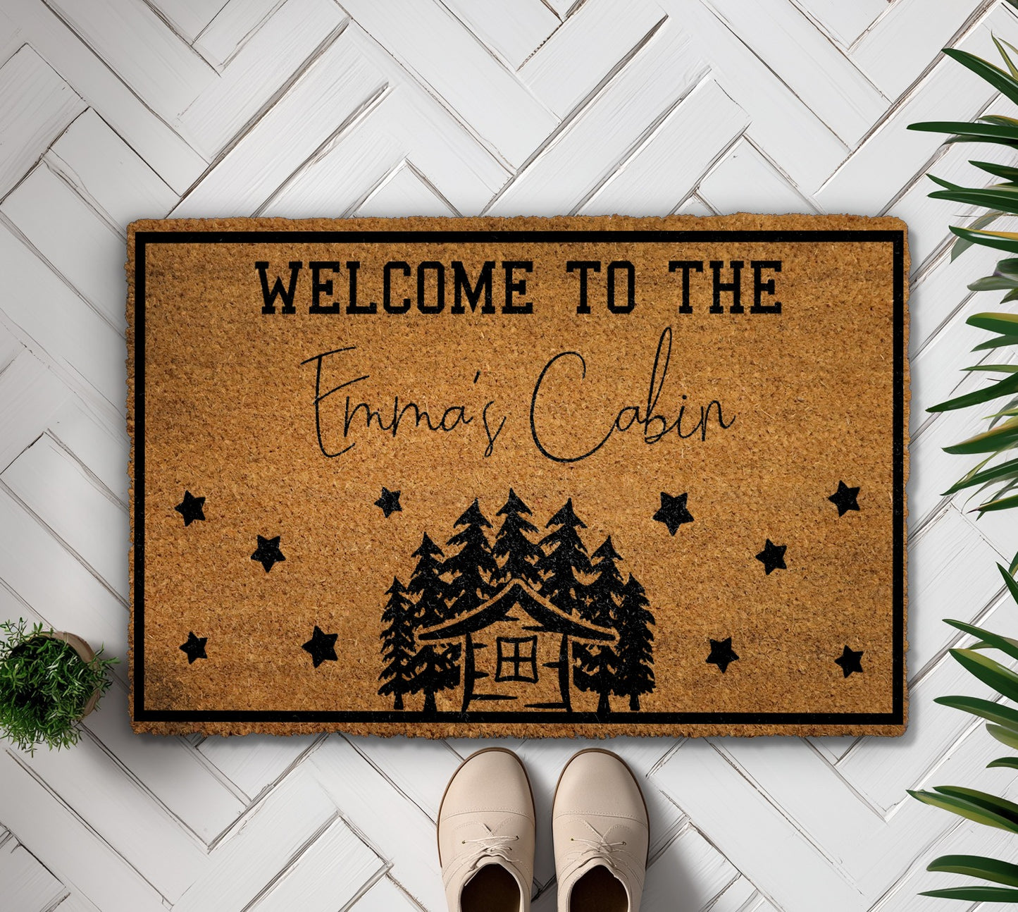 Custom Cabin Doormat, Personalized Pine Tree Decor, Rustic Housewarming Gift