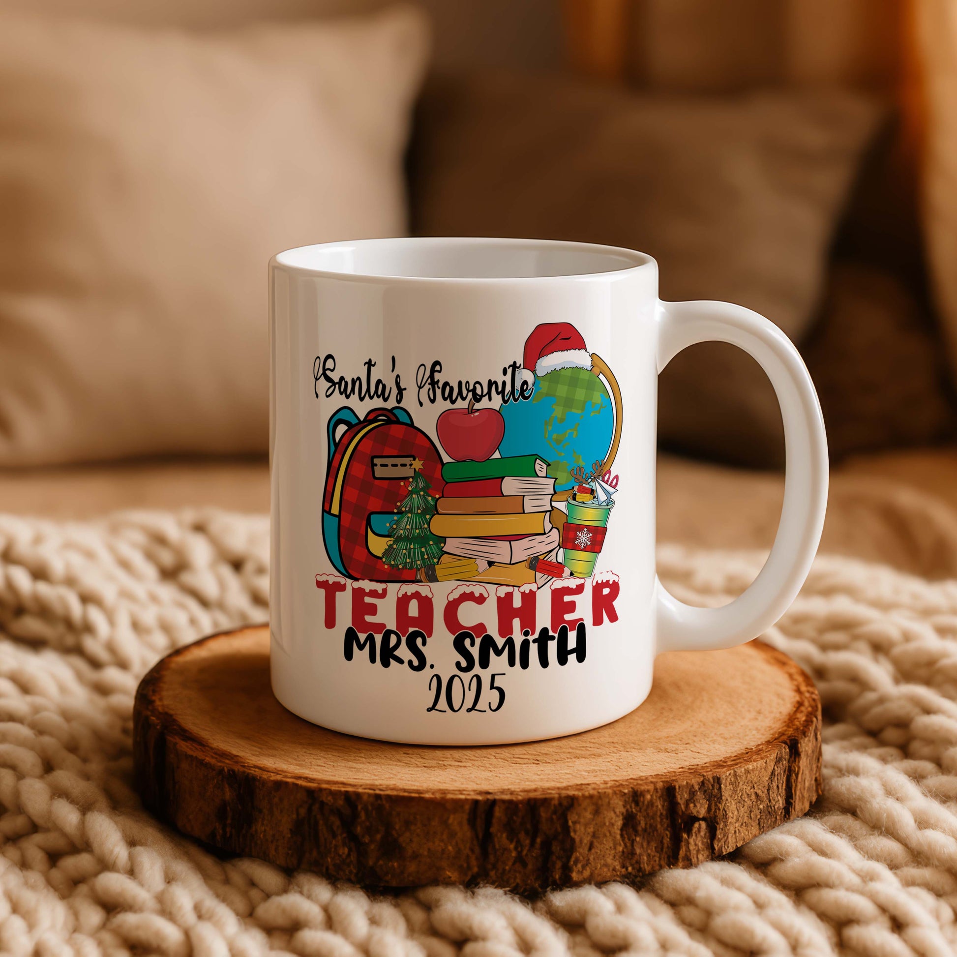 Personalized Christmas Santa Teacher Mug, Festive Xmas Gift in Colorful Design
