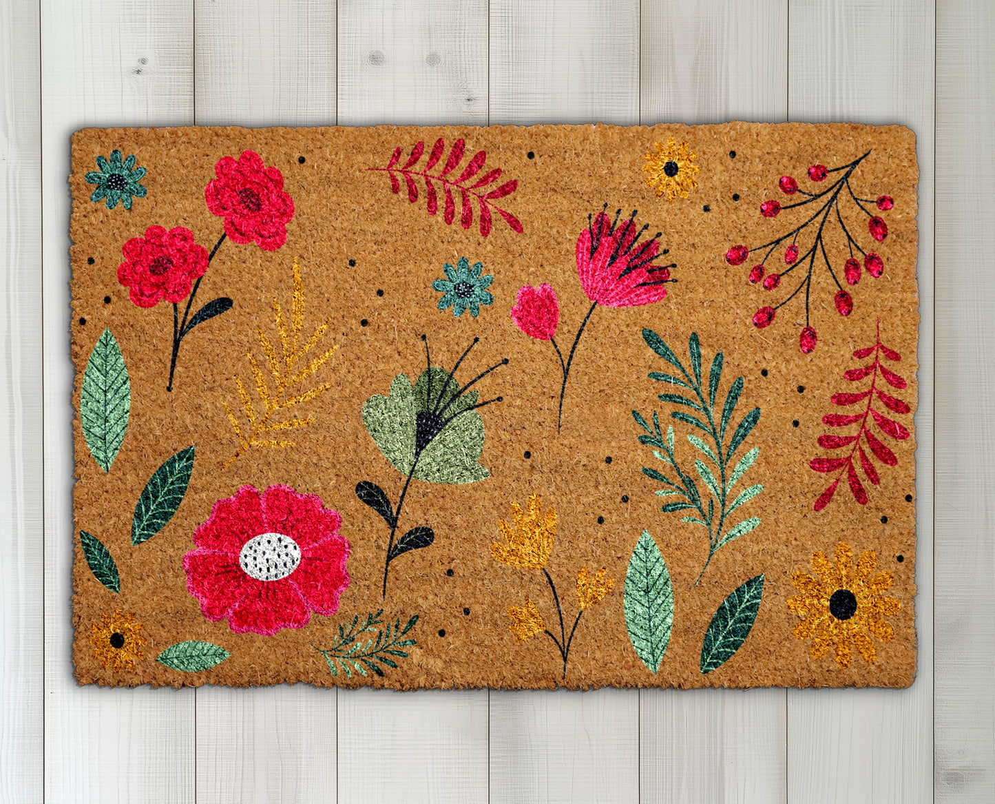 Boho Wildflower Welcome Mat, Vibrant Blooms Front Porch Rug