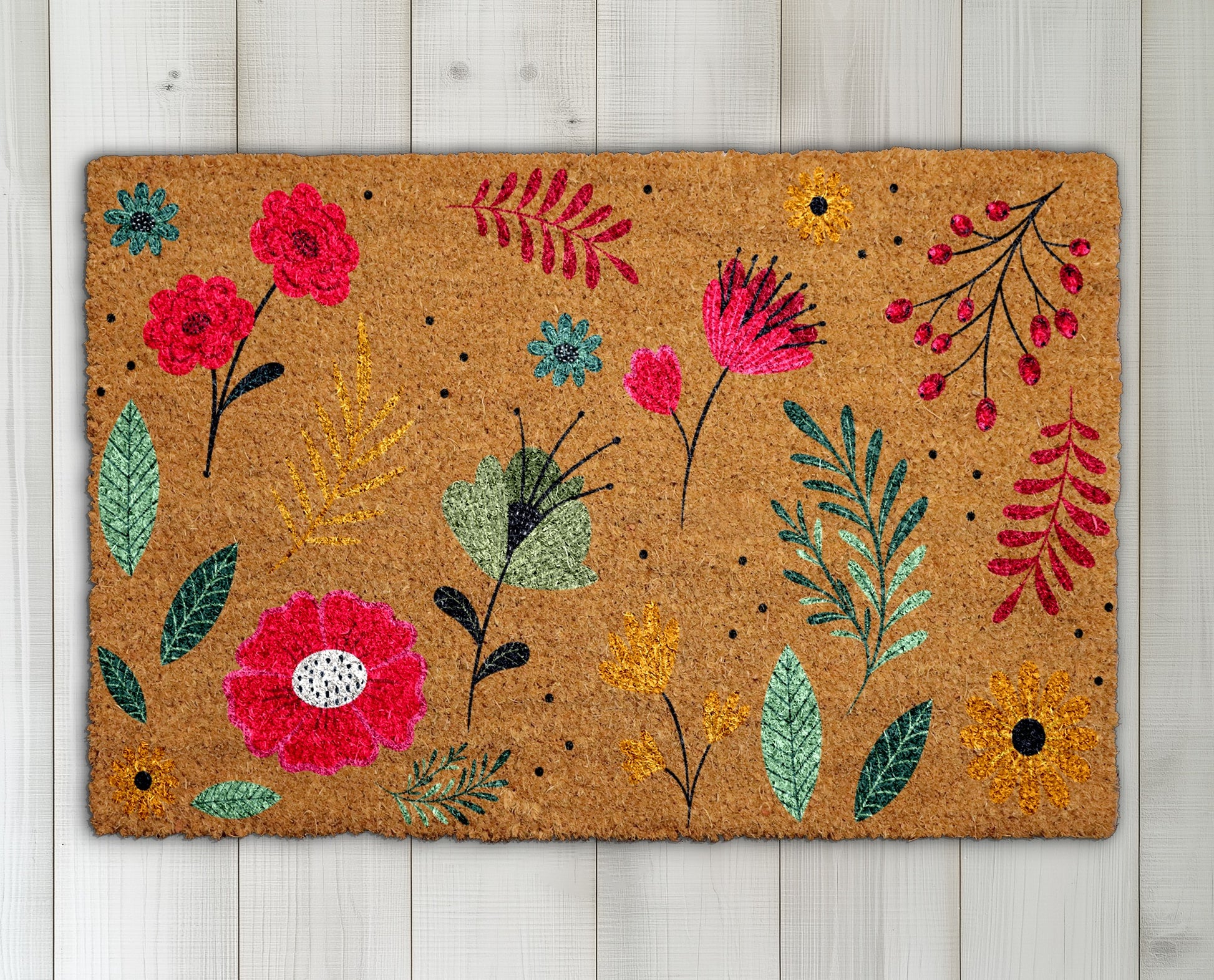 Boho Wildflower Welcome Mat, Vibrant Blooms Front Porch Rug