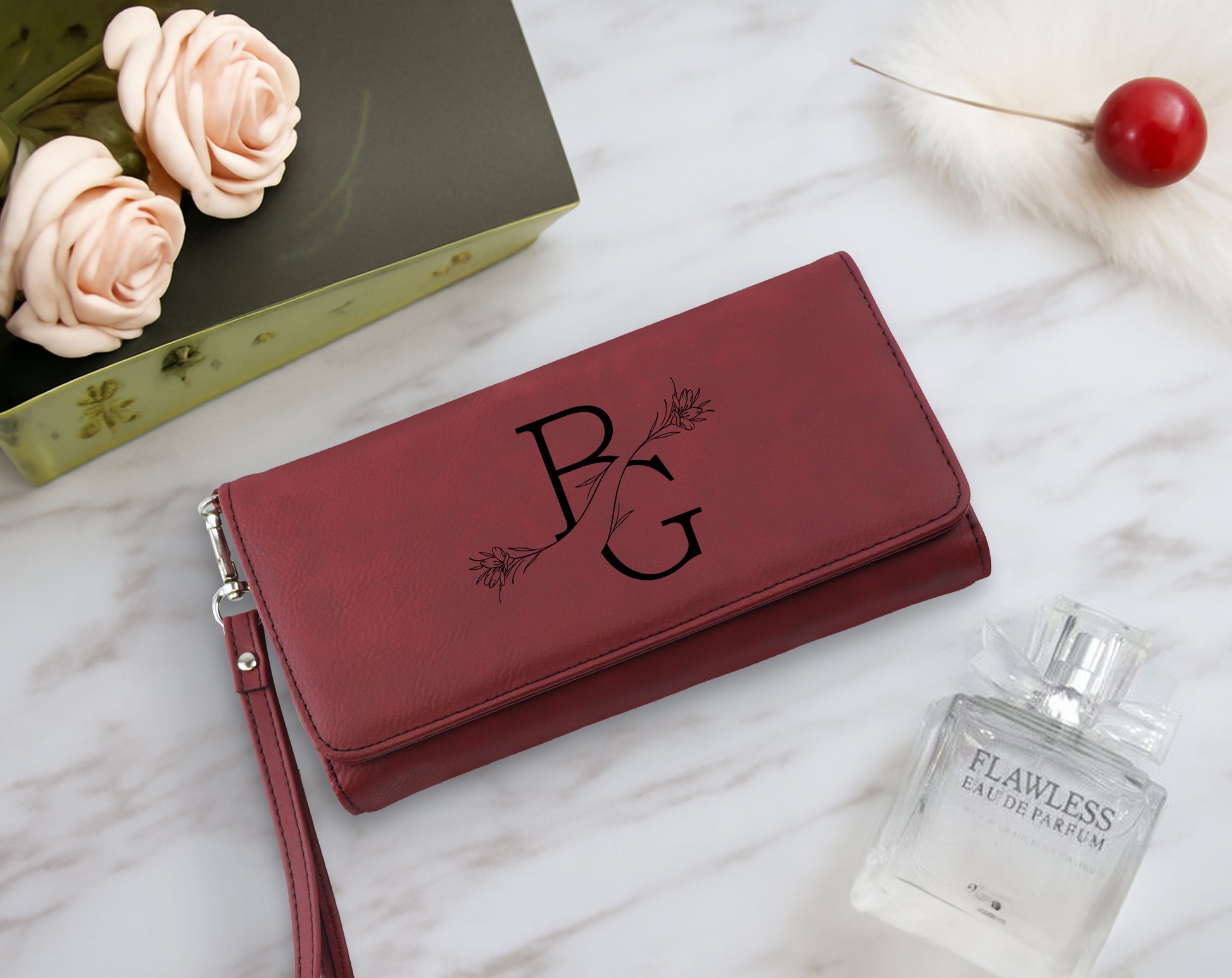 Custom Vegan Leather Wallet with Floral Engraving, Perfect Bridesmaid Gift